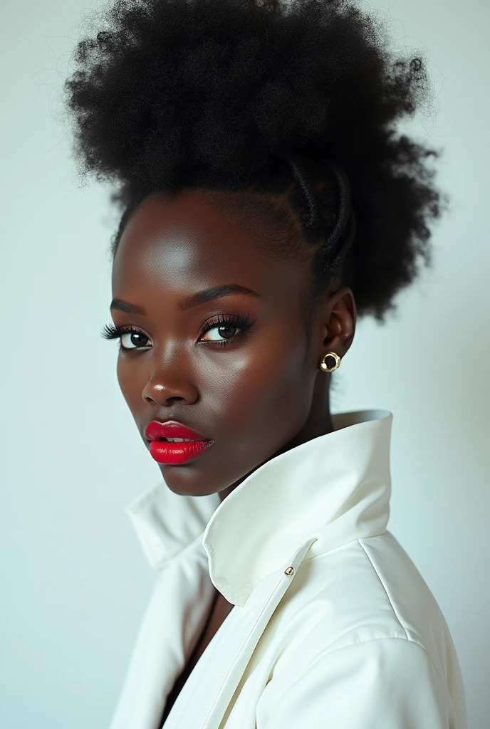 Vintage 90's anime style. close up portrait of a beautiful ((black dark skinned)) 27 year old ((African female)) with red lip gloss on her lips standing infront of an all white background