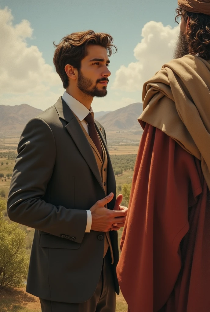 A male Stoic philosopher, around 2, with a well-proportioned and attractive physique, slightly tanned skin, a very short, well-trimmed beard, and wavy, well-styled hair. He stands in a confident posture, engaging in a conversation with a figure symbolizing a toxic relationship. A clear, visible line or barrier separates them, representing the philosopher’s firm and resolute establishment of boundaries. The toxic figure is depicted as stepping back, symbolizing their retreat. The environment around them is serene and orderly, symbolizing the philosopher’s inner clarity and peace. The scene is painted in an impressionist style, with dramatic brushstrokes capturing the serene atmosphere, highlighting contrasts of light and shadow. The philosopher’s face reflects determination, emphasizing the metaphor of self-respect and protection of personal space.