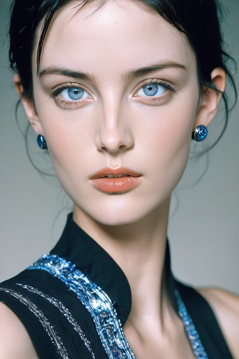  in 1997, Fashion photography of a beautiful model in designer clothes ,  Black Hair, High cheekbones,  blue eyes , Light eyes, Natural Beauty, Oval face, earrings,  clearly focused,   super high resolution ,  Skin Details , cosmetic, 