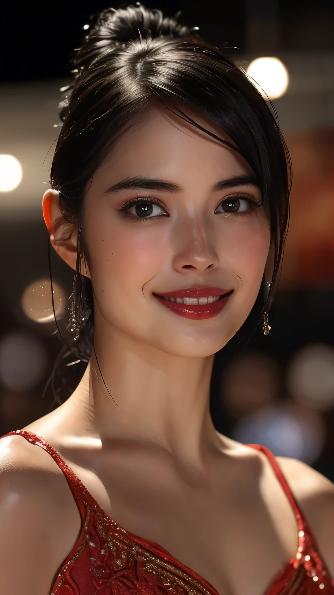 (masterpiece:1.2, best quality:1.2, extremely delicate:1.2), hirosealice, a beautiful woman with medium length black hair, flawless oval face, passionate gaze, sweet smile, perfect smille, blush, seductive expression, tall and graceful figure, perfect body, perfect skin, seductive pose, a fantasy style Flamenco dance dresses, flowing skirt, alternating red and black textures, the color scheme is primarily Black with Red accents, she gracefully performs her dance moves on the stage, this character embodies a finely crafted fantasy style Flamenco dancer, exquisite and mature art style, goddess, feminine, exquisite photography, depth of field, bokeh, photorealistic, even and soft lighting on face, dramatic, high definition, highres, ultra detailed, professional photo, perfect body proportions, anatomically correct, symmetrical face, extremely detailed eyes and face, perfect eyes, high quality eyes, creativity, RAW photo, UHD, 32k, portrait lighting, Natural light, cinematic lighting, (masterpiece-anatomy-perfect:1.2)
