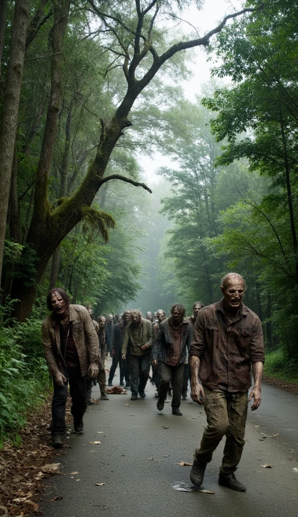 There are zombies roaming along the road beside the wooded path ，旁边的大路有丧尸在游荡。Woods on both sides