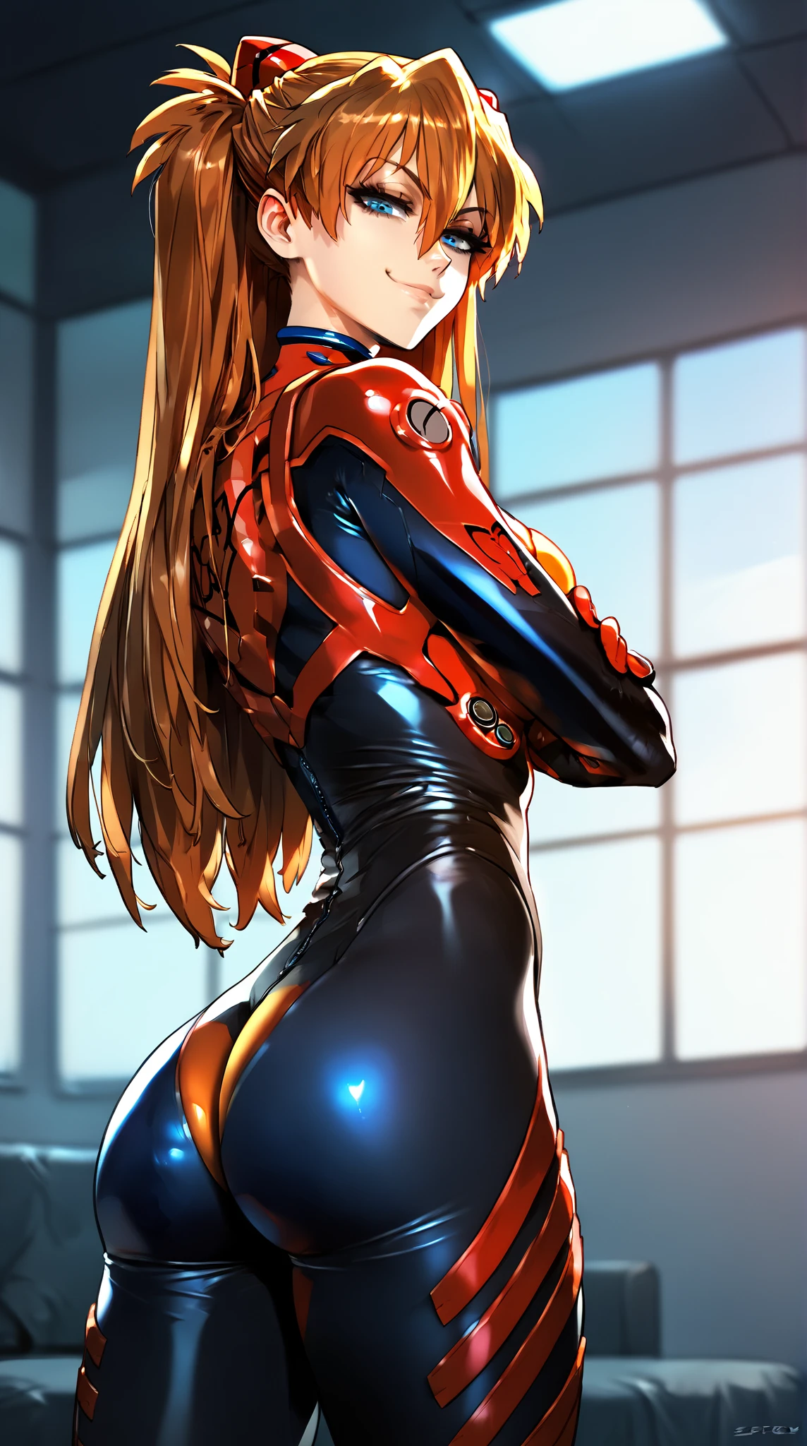 (score 9 up  ,   score 8 above  ,   highest score  ,  of the highest quality),
 a girl, Souryuu Asuka Langley, plug suit,  big , ass, Blue eyes,   interface headphones  ,   not naked  ,   looking at the spectator, pilot's uniform , bright clothes, skin tight, hair between eyes,   brown hair, standing, crossed arms, smug look,   arrogant smile ,   looking down at the spectator, 
