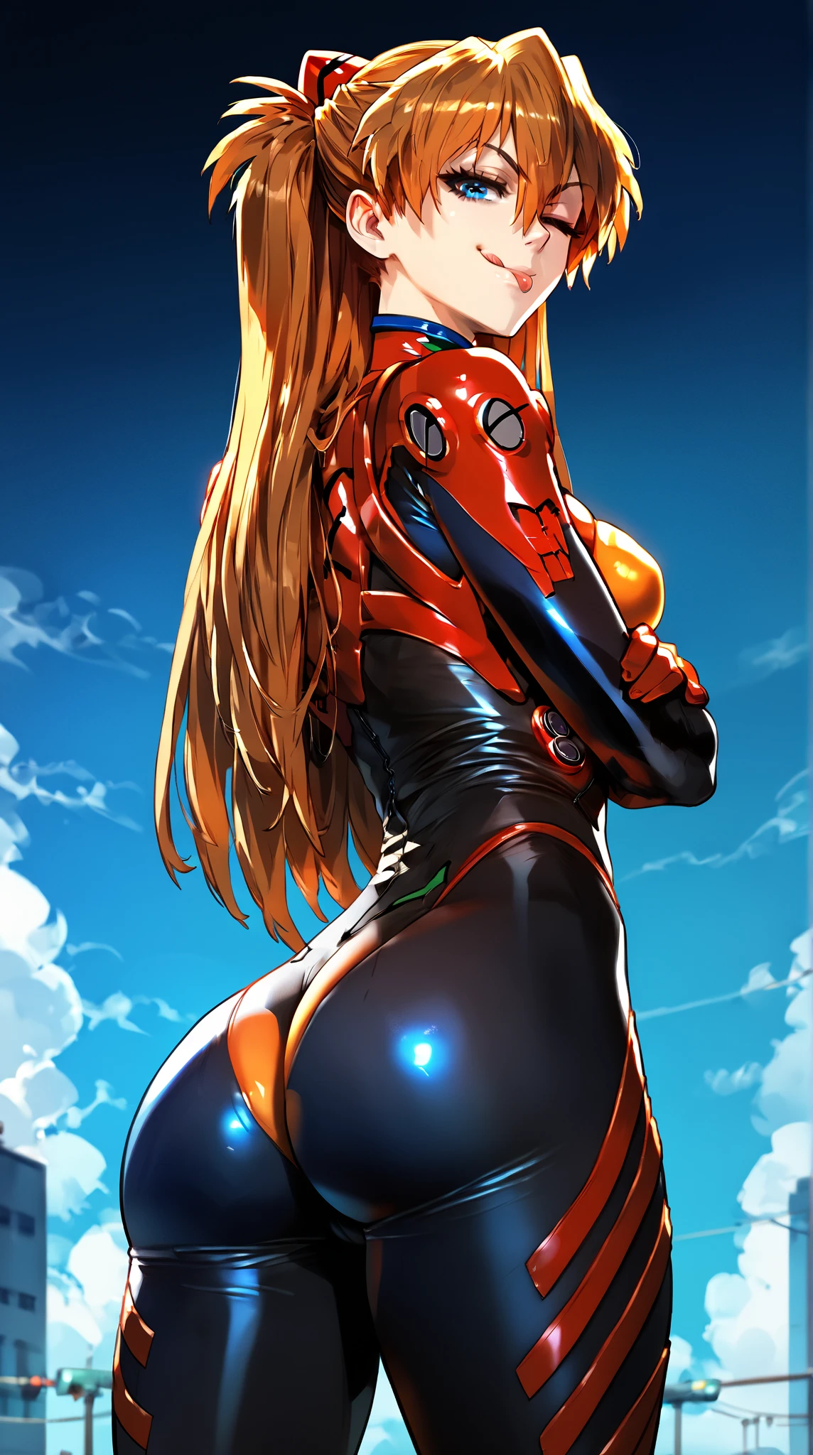 (score 9 up  ,   score 8 above  ,   highest score  ,  of the highest quality),
 a girl, Souryuu Asuka Langley, plug suit,  big , ass, Blue eyes,   interface headphones  ,   not naked  ,   looking at the spectator, pilot's uniform , bright clothes, skin tight, hair between eyes,   brown hair, standing, crossed arms, smug look,   arrogant smile ,   looking down at the spectator,  tongue out, wink, A sign of love and peace 
