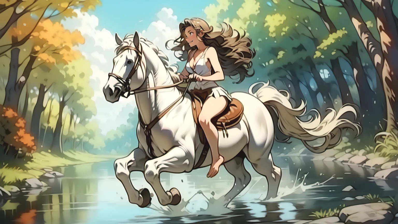 ((best quality)), ((anime masterpiece)), (high detailed), 8k, cinematic lighting, perfect face, medium breast, cleavage, (((a smiling woman wearing miniskirt riding a WHITE HORSE)), ({brunette hair}), (sleeveless, miniskirt, bare legs, barefoot)), (white horse, saddle, reins, bridle), solo, (in the river, submerge water, splashes, woods, fantasy settings:1.2), both hand holding rein, from side: 1.2, anatomically correct