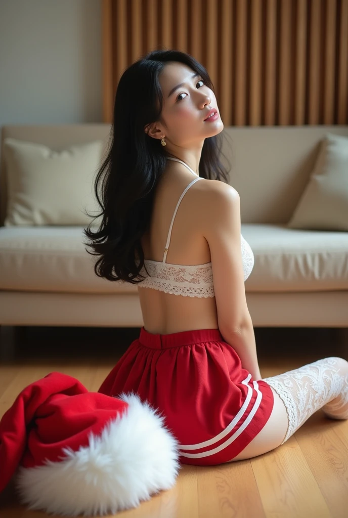 1 korean girl, (ulzzang-6500-v1.1:0.8), (raw photo:1.2),((photorealistic:1.4)), best quality, masterpiece, an extremely delicate and beautiful, extremely detailed, CG, unity, finely detail, masterpiece, detailed CG unity 8k wallpaper, absurdres, incredibly absurdres, ultra-detailed, highres, extremely detailed, beautiful detailed girl, extremely detailed eyes and face, beautiful detailed eyes, light on face, cinematic lighting, full body, perfect hand, depth of field, wearing sexy santa dress, wearing red stocking, christmas hat, (see through:1.3), (no panties), (no bra), blonde hair, in a street, christmas festival, night, snowing, christmas tree, small breasts, wide lips, necklace, bracelet, earring, spread legs