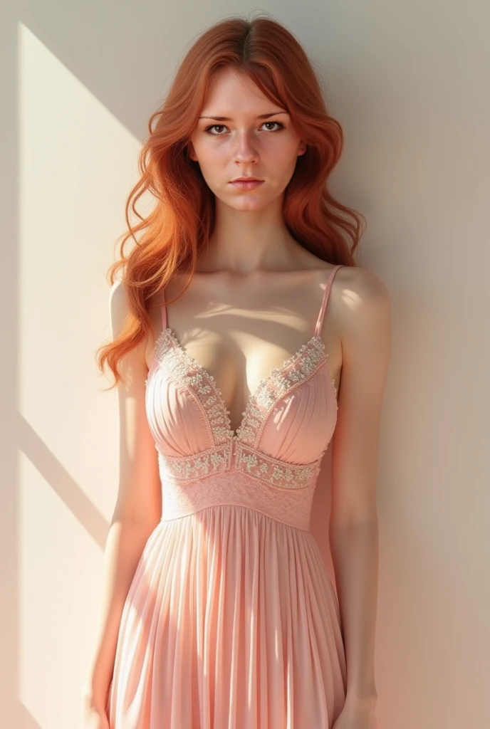 1girl in, 19, Solo, Aesthetic artwork, irish  redhead, wavy ginger hair, shoulder length ginger hair, gray eyes, light grey eyes, some small freckles, pale skin, A-cup, small breasts, runners body, (textured skin, skin pores:1.1), (moles:0.8), imperfect skin, goosebumps, sitting down having coffee, drinking coffee, (extremely detailed 8k wallpaper), soft lighting, high quality, film grain, Fujifilm XT3 sharp focus, f 5.6, 50mm, High Detail, Sharp focus,(natural light), in a pink colored dress. A pink sundress, floral pattern sundress, crazy details, complex details, hyperdetailed