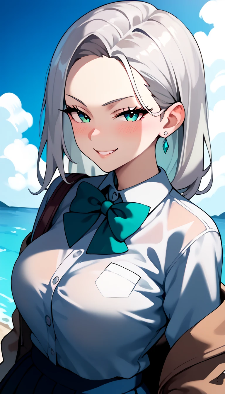 (masterpiece, 8k, ultra detailed),1 women,perfect body,porcelain skin, long Silver hair,straight hair, cute forehead,big breasts, school uniform,seductive eyes,Teal eye on the left and red eye on the right, ,blushing, smirk,street to school background