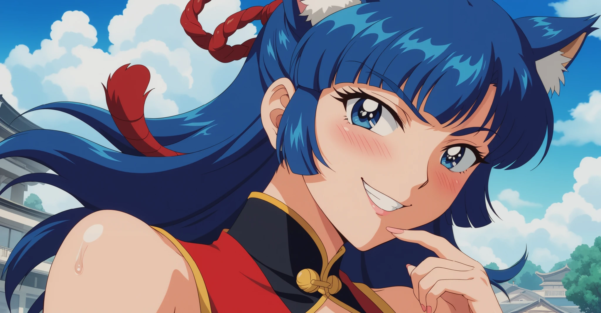 Young woman drawn in 80’s anime art style. 
Retro anime. Vintage Anime. Classical Anime. 
Black Blue HAIR
Cone Hair Bun Hair
She has perfectly Round and Circle eyes. 
Blue eyes and Medium Sized Eyebrows. 
She is Tan Woman.
She has Medium Breast
Small blush on cheek.
Evil Smile/ Evil Smirk

She is wearing a japanese  Uchinasugai  uniform.

 Uchinasugai  (Okinawan:  Uchinasugai /Okinawa figure ), also known as Ryusou (Japanese:  Ryusou Ryusou ,  also written as ryusō) and referred as ushinchi in Okinawan, is the traditional dress of the Ryukyuan people.

(Cloudy) (Sky) (Raindrops) (Rainy Sky)

(View from the City)

