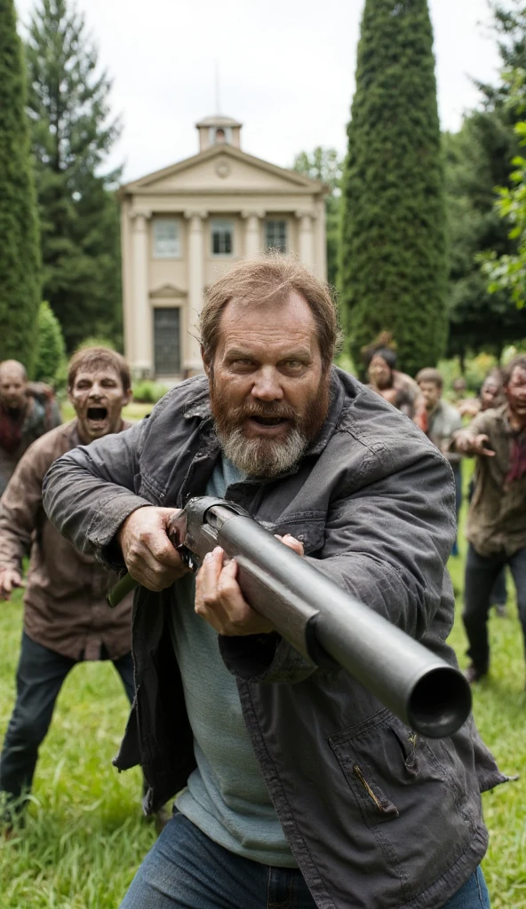 Shoot images of people fighting zombies， A bearded man in a grey jacket，Stand on the lawn next to the villa and hold a shotgun with both hands，Fighting scene with a zombie