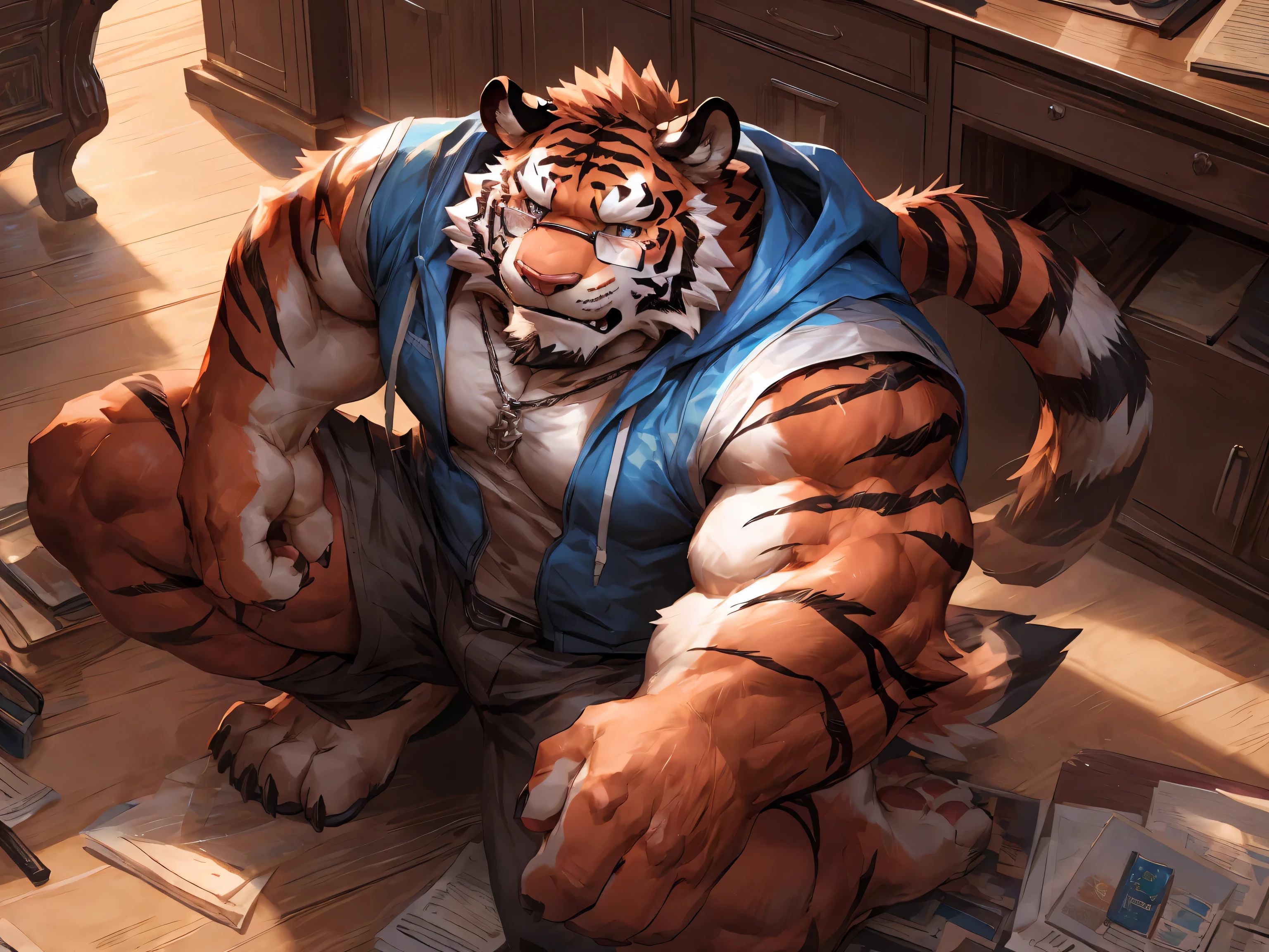 furry character,A very tall and strong tiger,He leaned back against the massage bed,His upper body was naked and his lower body was in bath pants,He had a happy expression on his face,The soles of his feet are facing the picture,He is at a foot massage parlor,(black eyes:1.5),by null-ghost,by lindong