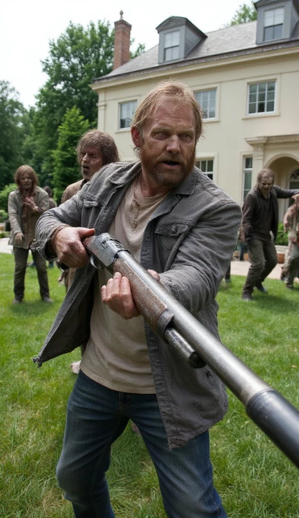 Shoot images of people fighting zombies， A bearded man in a grey jacket，Stand on the lawn next to the villa and hold a shotgun with both hands，Fighting scene with a zombie