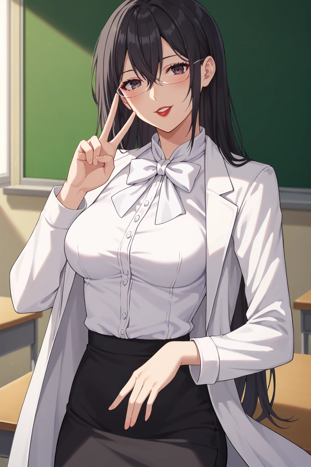 score_9, score_8_up, score_7_up, source_anime, 1girl, prefect lighting, very aesthetic, intricate details, highly detailed background, masterpiece, high quality, prefect hands, best quality, solo,
KJOmayuri, black hair, dark eyes, long hair, hair between eyes, glasses, red lips, 
white lab coat, long sleeves, white shirt, white bowtie, black pencil skirt, black pantyhose, 
peace sign, seductive smile, head tilt, blush, parted lips, tongue out, 
classroom, office desk, bulletin board, 
(Beautiful, medium Breasts:1.2), natural breasts,