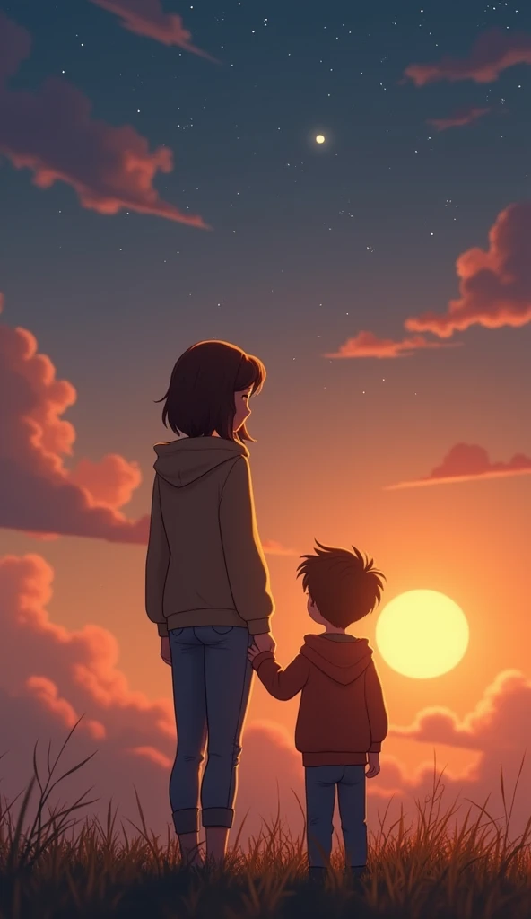 a couple of a short black haired woman of medium height and tattoos with a tall skinny man with short hair with a baby, watching a sunset in silver anime style
