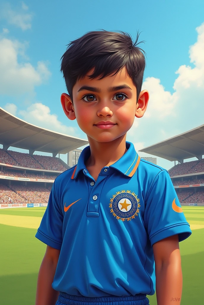 create a 3d realistic image of a boy wearing clothes of Indian flag and he is posing and his 𝕾𝖍𝖆𝖉𝖆𝖇 name is clearly written in bold letters on the white glossy floor below, and the background view is blurred with the colors of Indian flag, make sure the name should be visible and correct. Create high quality images.