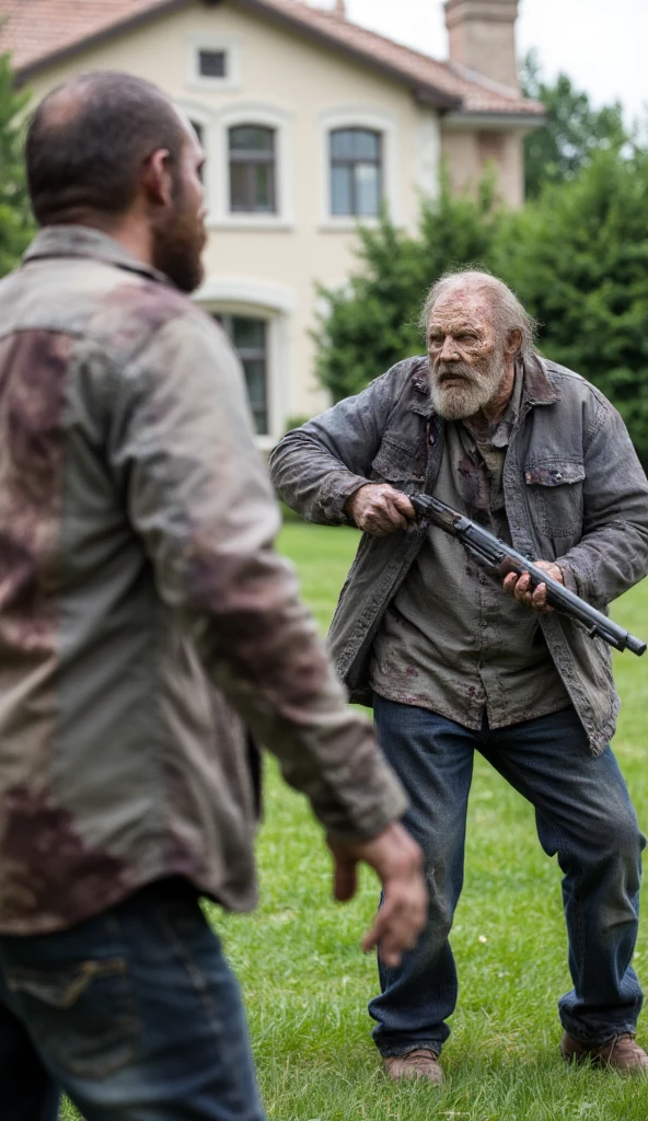 Side shot of a man fighting a zombie， A bearded man in a grey jacket，Stand on the lawn next to the villa and hold a shotgun with both hands，Fighting scene with a zombie