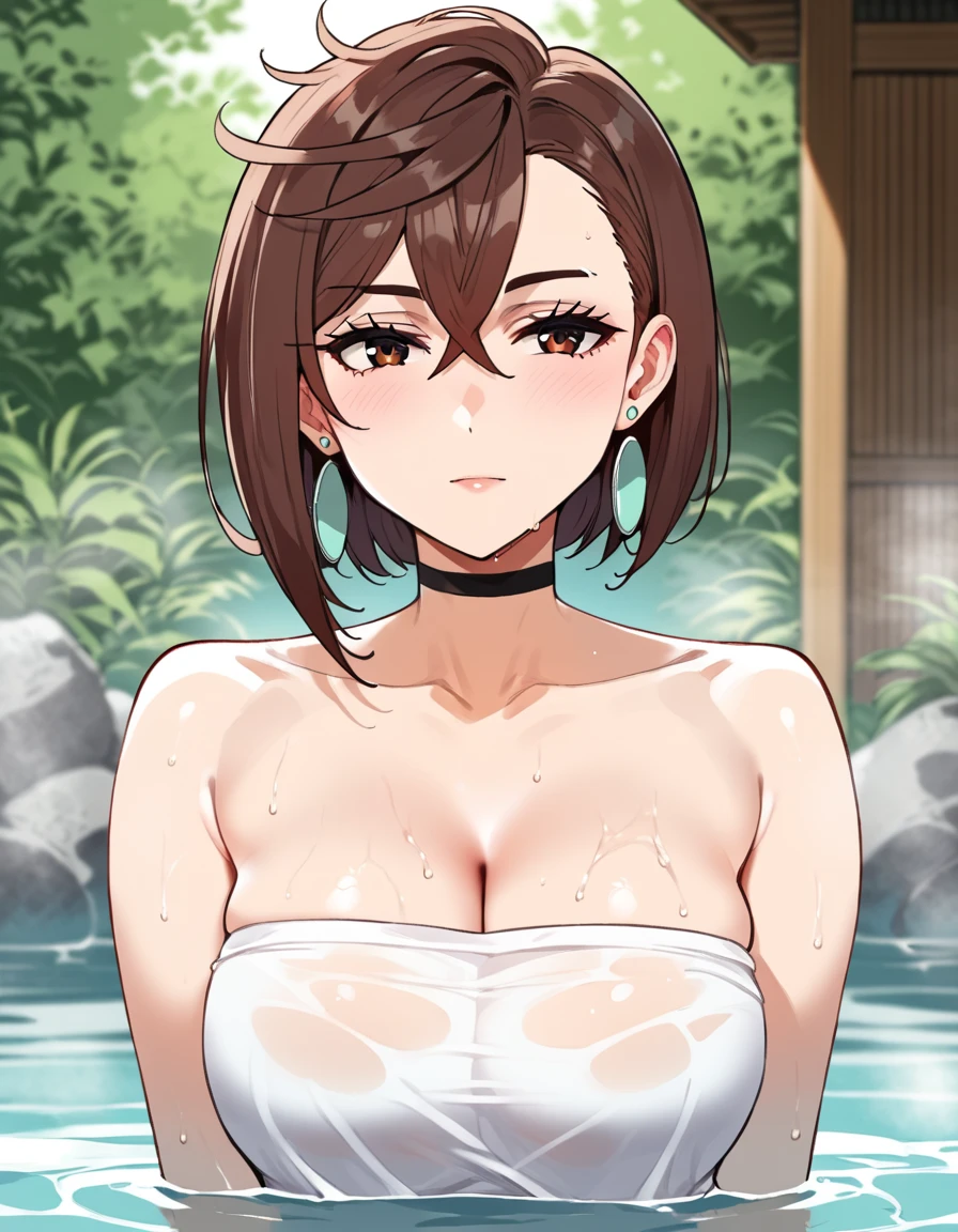 Fraction_9, Fraction_8_up, Fraction_7_up, source_ Japanese Cartoon , Big 

很舒服, （1 Girl,  Momo Ayase，Big ,   brown hair , Short hair,  hair between eyes ,  asymmetrical bangs,  Brown Eyes , earrings,）
（Show ， body bubbles in hot spring water ， water surface exposing half of chest）
 Body bubbles in hot water ，The surface of the water barely covers the chest