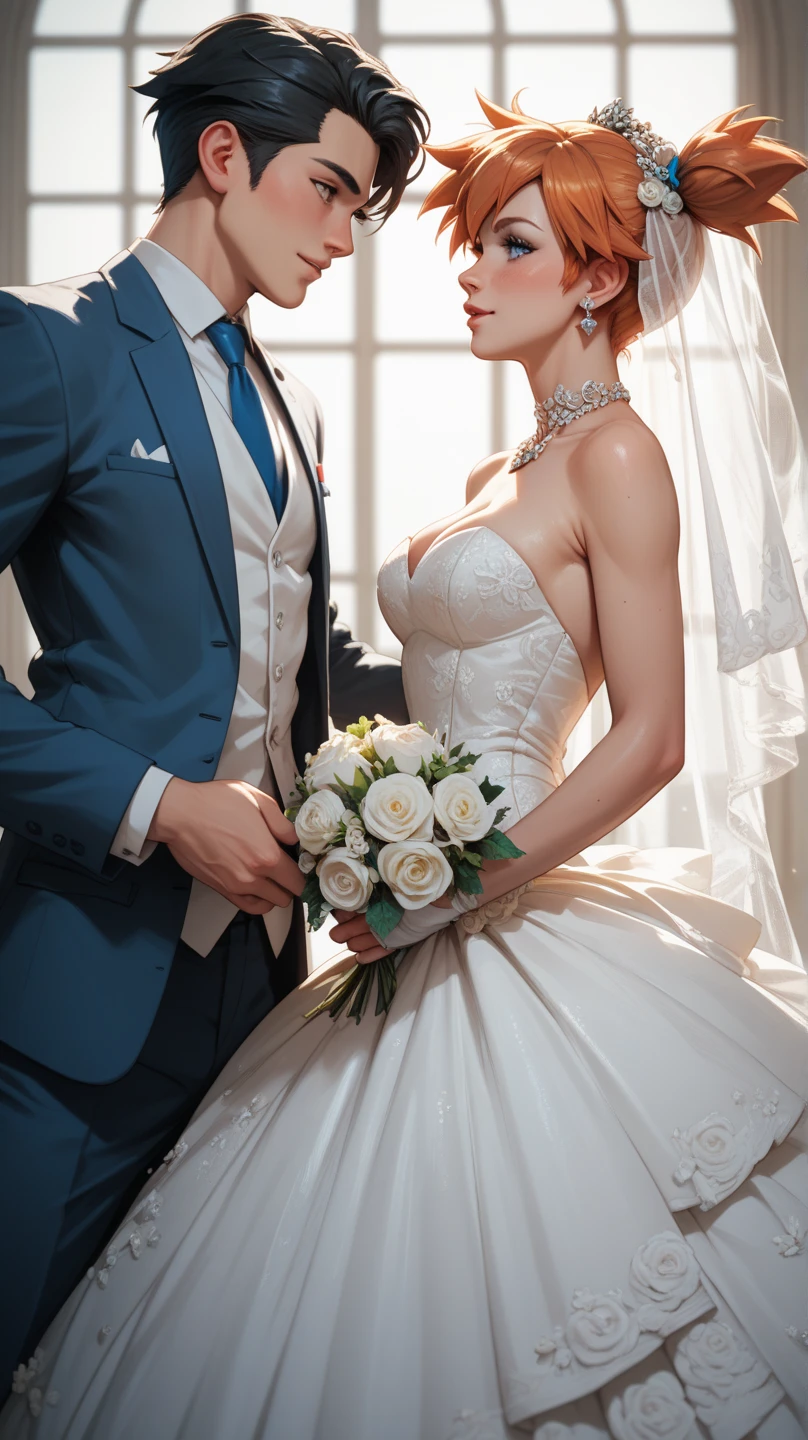 1 tall slender woman in a white wedding gown, 1 short man in a tuxedo, elegant pose, wedding photo, size difference, mini giantess, broad shoulders, large breasts, inflated hips, NSFW, sexy gown, profile picture, tall bride, short groom, bride and groom, posing like a statue, dynamic, (best quality, 8k, highres, masterpiece, highly detailed, photorealistic)