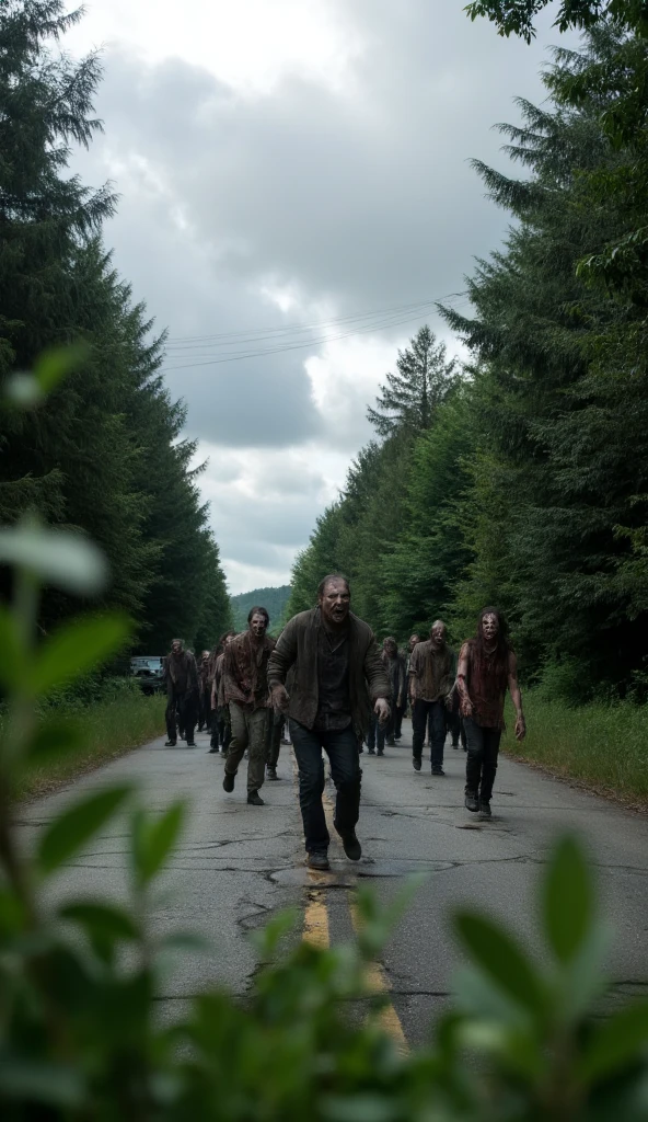 There are zombies roaming along the road beside the wooded path ，, there are zombies roaming the road next to it。Woods on both sides，cloudy day，In the foreground is a blurred grass 