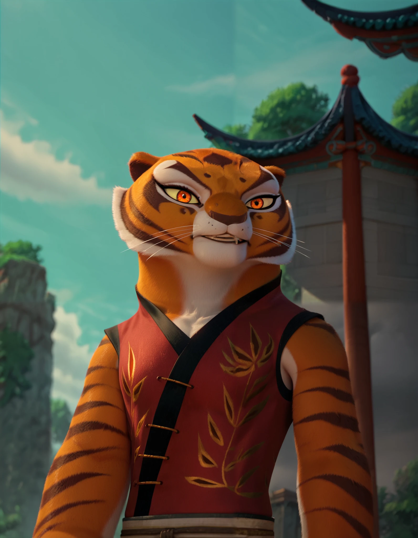 score_9, score_8_up, score_7_up, score_6_up, BREAK
source_furry, Tigress, 1girl, upper body, red clothes, seductive, from below, perspective, looking at viewer, perfect face