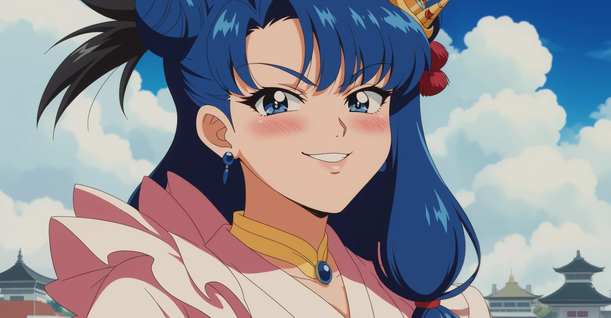 Young woman drawn in 80’s anime art style. 
Retro anime. Vintage Anime. Classical Anime. 
Black Blue HAIR
Cone Hair Bun Hair
She has perfectly Round and Circle eyes. 
Blue eyes and Medium Sized Eyebrows. 
She is Tan Woman.
She has Medium Breast
Small blush on cheek.
Evil Smile/ Evil Smirk

She is wearing a japanese  Uchinasugai  uniform.

 Uchinasugai  (Okinawan:  Uchinasugai /Okinawa figure ), also known as Ryusou (Japanese:  Ryusou Ryusou ,  also written as ryusō) and referred as ushinchi in Okinawan, is the traditional dress of the Ryukyuan people.

(Cloudy) (Sky) (Raindrops) (Rainy Sky)

(View from the City)

