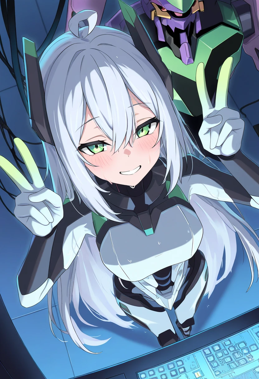 masterpiece, best quality, amazing quality, very aesthetic, absurdres, newest, , from above, dutch angle, 
1girl, solo, very sweaty, blush, seductive smile, double v, open stance, good_hands, , 
eva01, huge ahoge, very long hair, grey hair, sidelocks, hair between eyes, bangs, green eyes, detailed face, detailed hair, detailed eyes, detailed facial features, , robot, mecha, detailed body, detailed hands, , 
indoors, robot base, monitors, cables, perfect lights, high quality, 