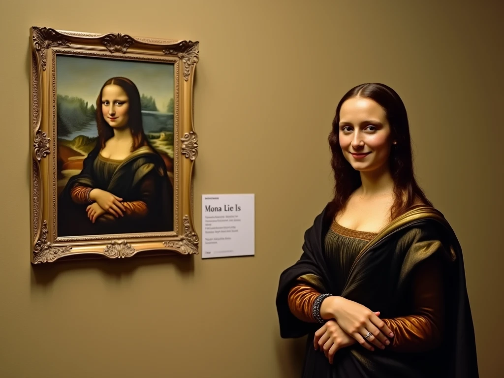 À la Fed image of a painting of a woman with long hair, Portrait of the Mona Lisa, Paintings of the Mona Lisa, Paintings of the Mona Lisa, Monna Lisa, Monna Lisa, Mona Lisa Style, Mona lisa, leonardo da vinci), leonardo da vinci style, Delicate frontal portrait, ((Monna Lisa)), da vinci painting, Leonardo da Vinci Details