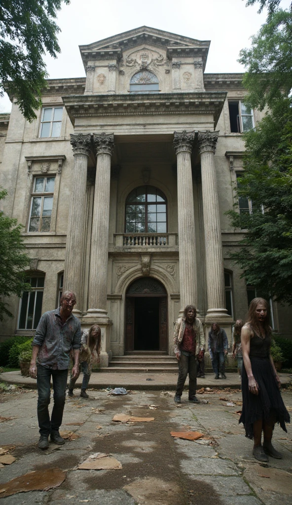 Low camera position，Big villa doorstep，There are also lone zombies walking around。