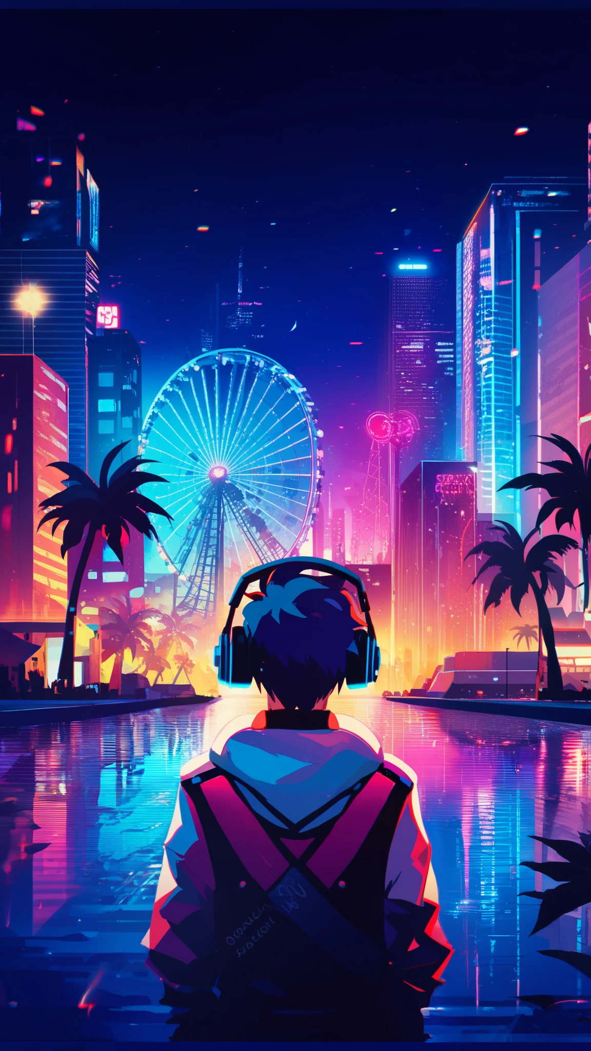 anime style, cool and edgy, thicker outlines, painterly elements, fine details, soft edges, A serene and lively night scene of a futuristic city**, neon lights illuminating tall buildings, palm trees, and a Ferris wheel, person with headphones gazing at the water, vibrant reflections, cyberpunk aesthetic, dynamic lighting, tattos, fashionable, posing, expression, stylish, striking, modern, fashion, ((boy)) 