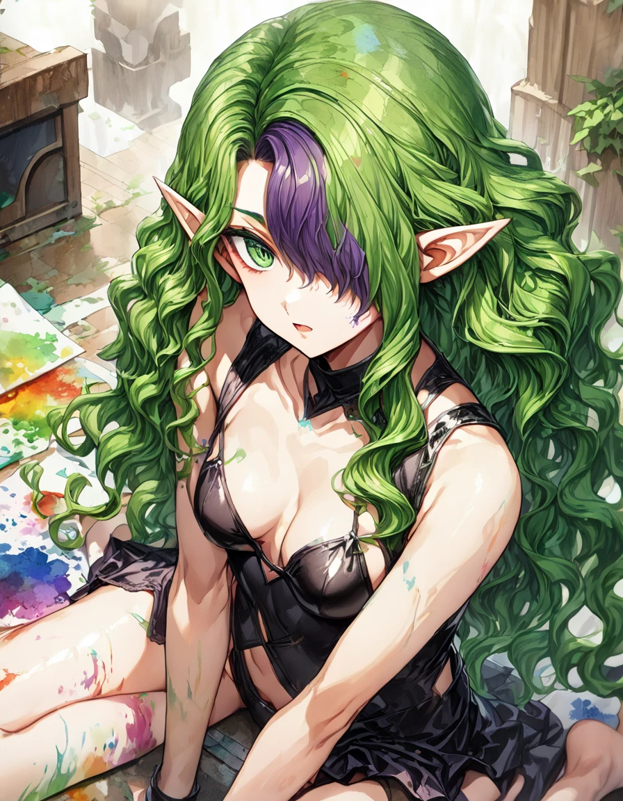 ( wariza),(looking at viewer),upperbody,misterious face,dark image,official art,become familiar with,super become familiar with skin,perfect anatomy,beautiful become familiar with eyes,1 girl,alone,sharp eyes, misery,green eyes, hair over one eye, pointy ears,green hair,purple hair,(two-tone long wavy hair:1.5),Enchanting chest:1.3,(Black bikini),(Sexy Model Pose)、watercolor:1.2, The Art of Mathematics, Official Art, Masterpiece , beautiful, ((watercolor)), paint splashes , complex details. very detailed, [Drooping:0.7],