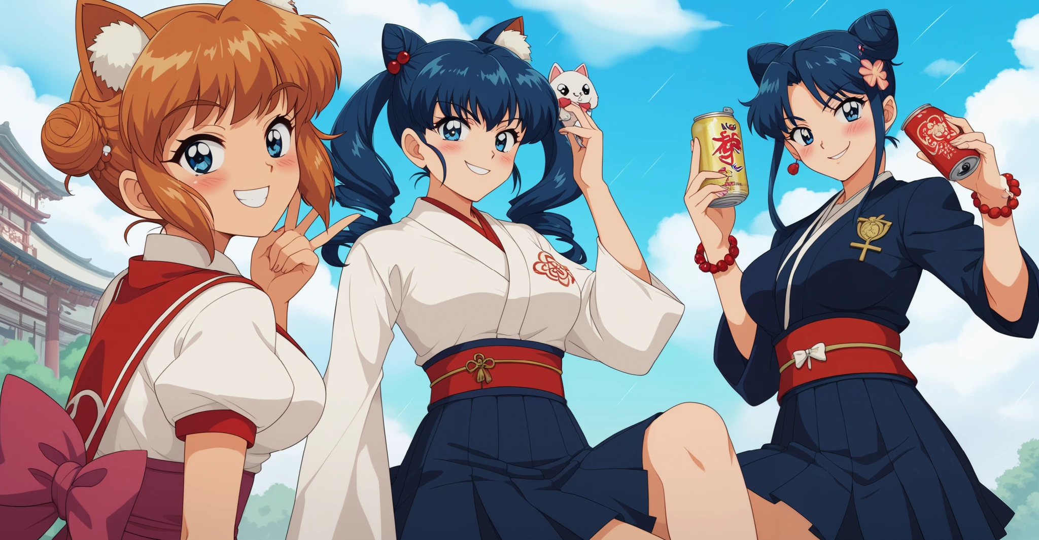 Young woman drawn in 80’s anime art style. 
Retro anime. Vintage Anime. Classical Anime. 
Black Blue HAIR
Cone Hair Bun Hair
She has perfectly Round and Circle eyes. 
Blue eyes and Medium Sized Eyebrows. 
She is Tan Woman.
She has Medium Breast
Small blush on cheek.
Evil Smile/ Smirk

She is wearing a japanese  Uchinasugai  uniform.

 Uchinasugai   (Okinawan:  Uchinasugai  /Okinawa figure), also known as Ryusou (Japanese:   Ryusou Ryusou ,  also written as ryusō) and referred as ushinchi in Okinawan, is the traditional dress of the Ryukyuan people.

A form of ryusou for women is intended to be shorter than the kimono: it is a two-piece garment attire which consists of dujin (bodice ;  dujin ; cross-collar upper body garment) and kakan (skirt;  kacan ; a pleated skirt). 
 A woven or bingata garment, called watansu ( cotton coat ;  watanth ), can also be worn loosely over the dujin and kakan.

(Cloudy) (Sky) (Raindrops) (Rainy Sky)

(View from the Palace)

