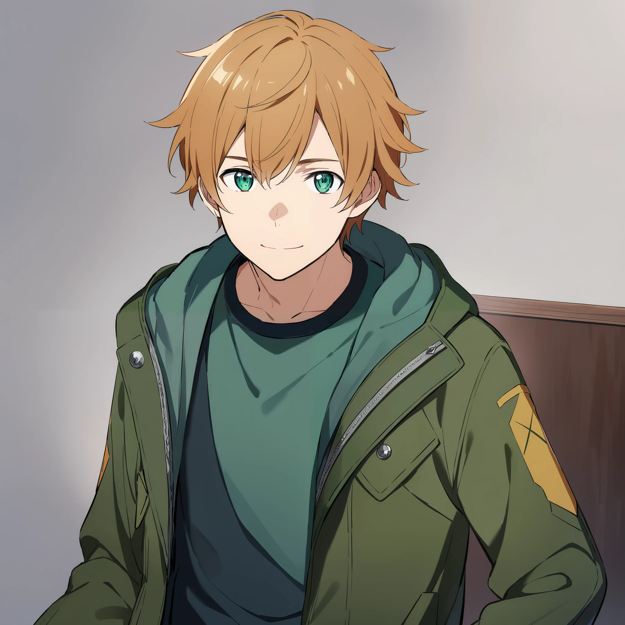 (high-quality, breathtaking),(expressive eyes, perfect face) 1boy, male, solo, adult age, Sword Art Online, Symmetrical Eyes, simple background, gentle smile, short hair, fluffy hair, modern outfit, SAO inspired, dark blue green tank top, jacket, cowboy shot, medium full shot, pants, black brown hair, modern living room background, reading a book, looking at viewer