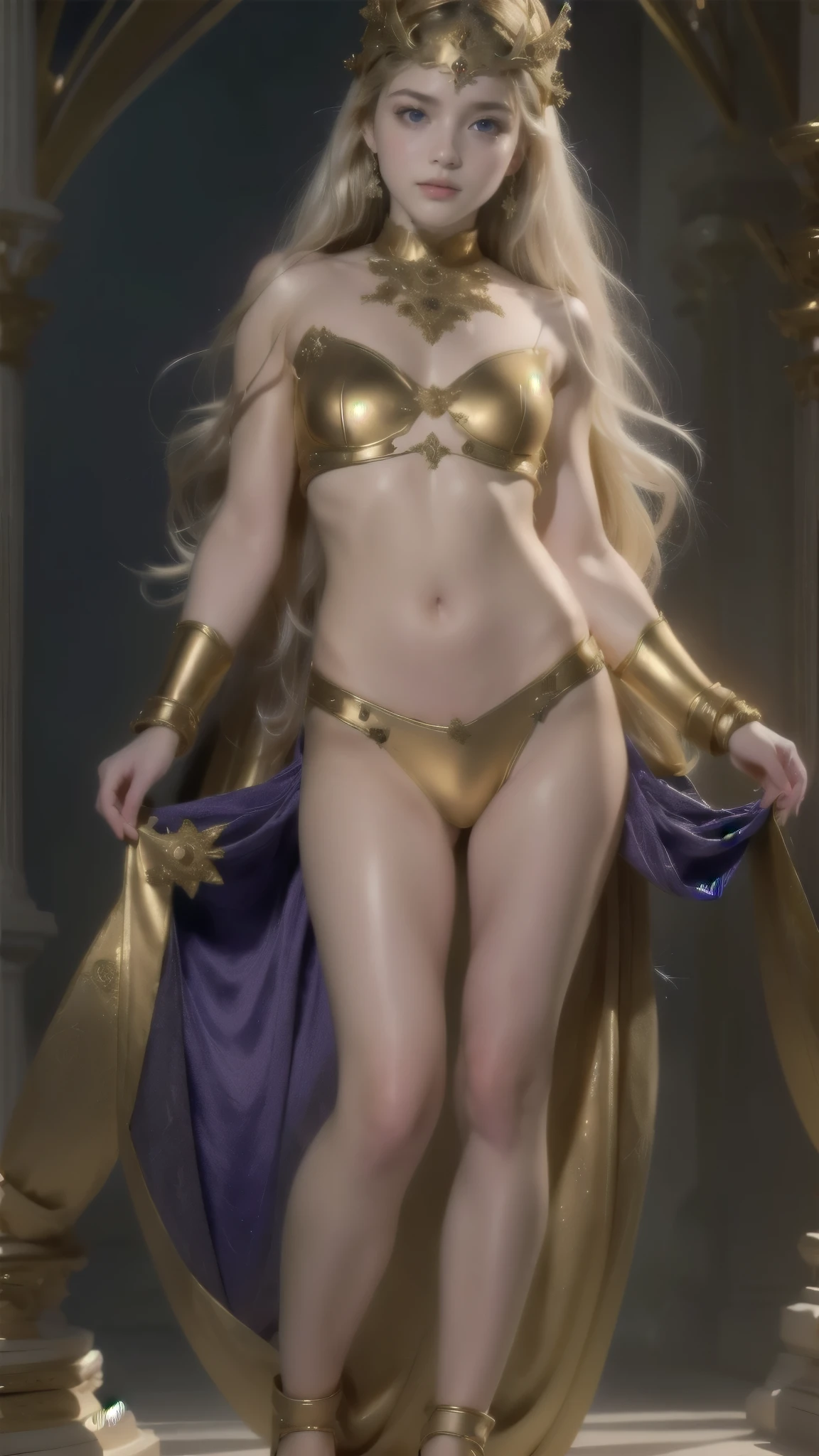   Official Empress Clothing  , charming, desire, ,   charming young woman ,    Captivating body lines    , ((      fine facial features   , )),      dramatic lighting     ,semi-realistic, 8k,      cinematographic composition    ,      dramatic white flash   ,     intricate and elaborate pattern      ,     30 megapixels    ,     light-dark lighting  ,     Clear color palette      ,     Deep contrast    ,   super real 、 beautiful body  ,  very long hair,  Platinum white hair,     ,   masterpiece  , jewelry,   looking at the viewer , framed, bloom, wavy, europeu,    white skin  , toys.   golden Renaissance dress with purple diamonds ,
,(tanned, Muscular, small, smalls,  chibi, SD Character:1.1), (a person:1.5)，( masterpiece :1.5), ( best quality:1.2), to break [blue:peach red:0.5] ele, (gradient backgrounds :1.1), cowboy shot, upper body ， cinematic light ，(Perfect hand 1.5)， beautiful and slender legs ，flat chest，playful, ( 1 2  year old ), ( small,  chibi, SD Character:1.5), ( full body :1.8), ( upper body :0.3), (hyper realistic:1.4), (realistic:1.3), ( best quality pele de textura real), olhos detaileds, detailed face, Persephone, (sfw:1.5) Ultra-detailed negative , body proportions, (Chapped lips:1.4), (:1.2), shortening, black cuts, (eye contact), , ultra High resolution , High resolution , detailed, Clean face, (  face :1.5), (big purple eyes:1.2), (olhos ultra detaileds:1.4), ( High-resolution eyes :1.1), ( ultra detailed skin texture :1.4), Persephone, Persephone, Persephone, (sfw:1.5), ( full body :1.8), ( upper body :0.3), (hyper realistic:1.4), (realistic:1.3), ( best quality pele de textura real), olhos detaileds, detailed face, micro , show 