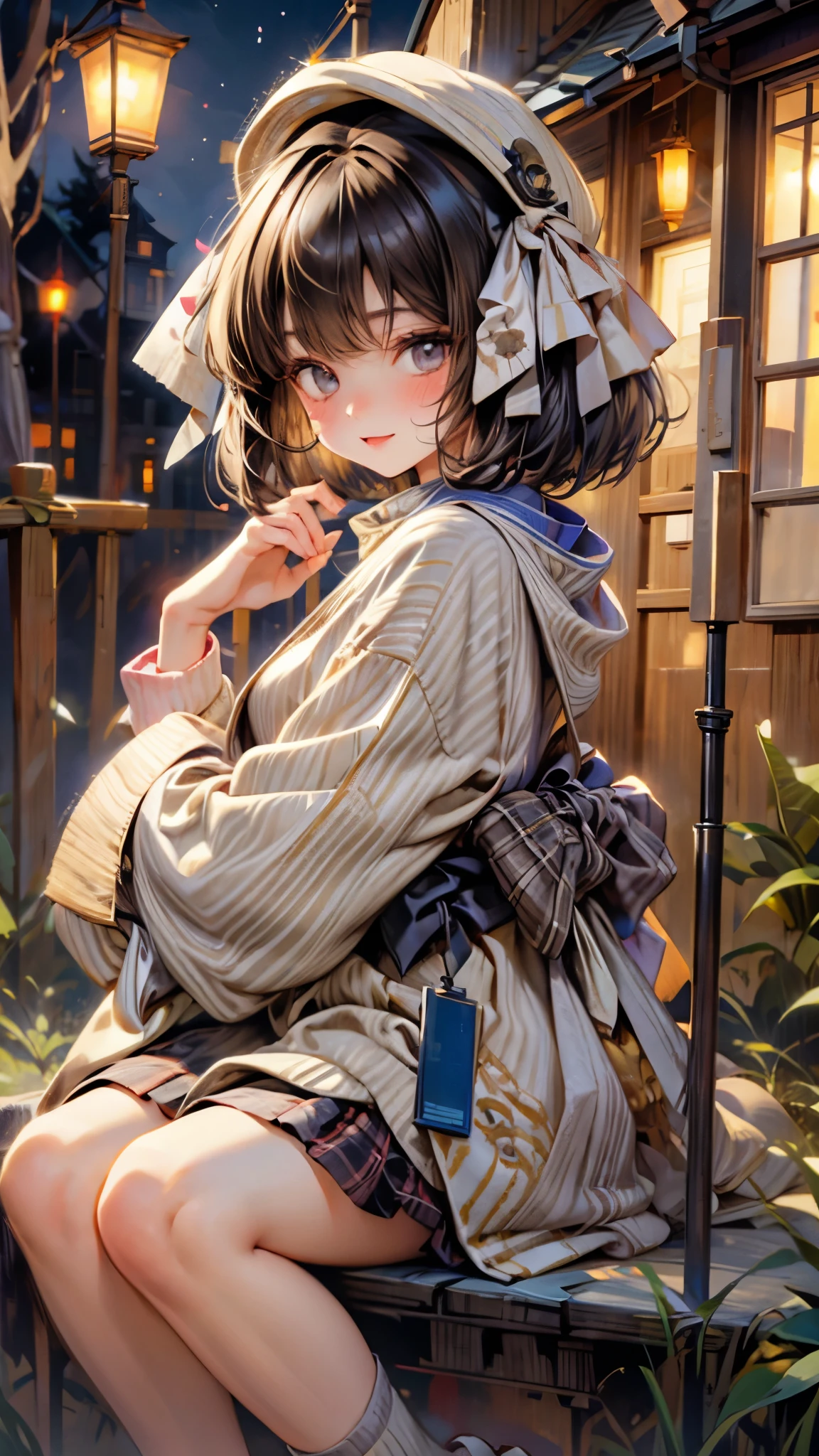 tmasterpiece、8K、32K、quality、(detailed eyes)、Long brown hair,colours,(A lovely Japanese woman、through bangs)、23years old、1 girl in、Elegant、(Detailed background depiction、Potrat:1.2)、(bob cuts:1.3)、(lamplight、Yuki:1.4)、(slalom:1.2)、(wool poncho、Plaid mini skirt、upper legs, upper legs, upper legs:1.2),(face flushed、cheerful:1.4)、(Look from the bottom up:1.3)