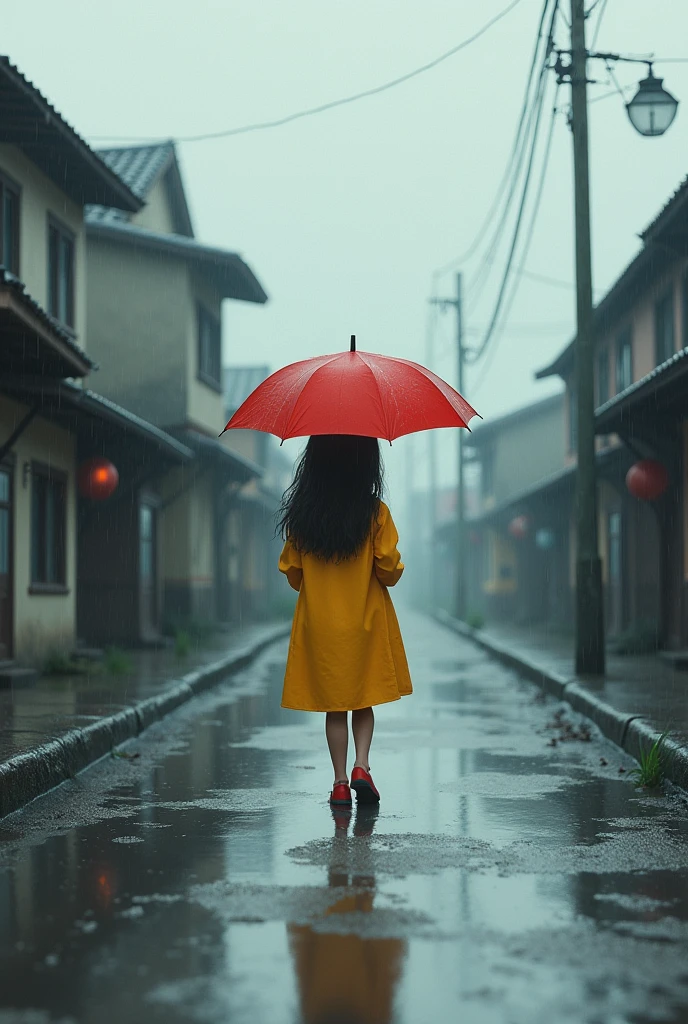 Street photography, a beautiful Chinese girl holding an umbrella and squatting on the street corner, heavy rain, lonely, poor, fallen leaves, zebra crossing, road, few vehicles and pedestrians, realistic effect