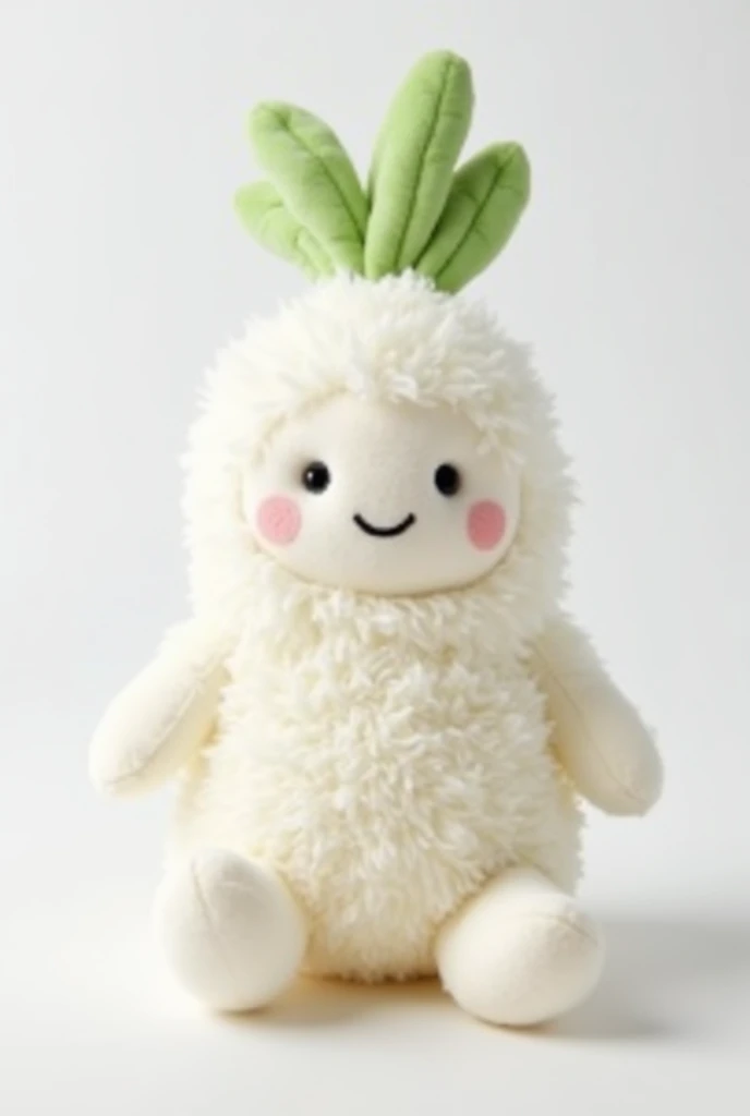 Jellycat style plush toy of daikon\(white raddish\), white background, soft and fluffy textures with a smiling face on the daikon, beautiful green leaf made by velvet at top,cute slim white foot at daikon, sitting, product photography. Lamb fleece texture. slim legs hang down at the table.velvet texture，hairy ,text "azhou"