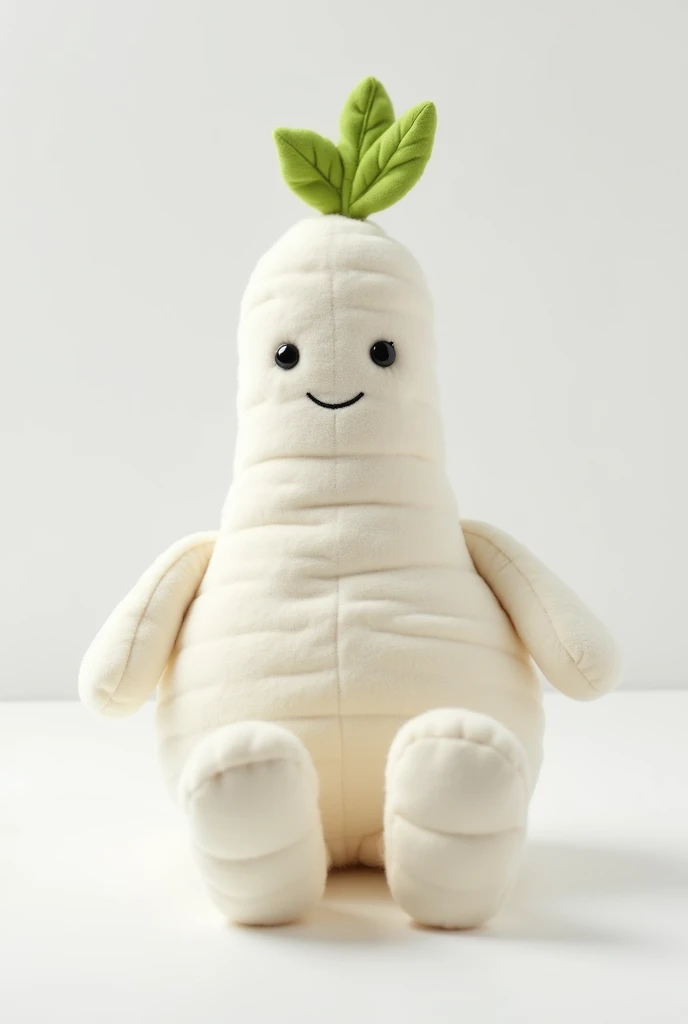 Jellycat style plush toy of daikon\(white raddish\), white background, soft and fluffy textures with a smiling face on the daikon, thick white foot at daikon, sitting, product photography. Lamb fleece texture. legs hang down at the table.velvet texture.vegetable toy