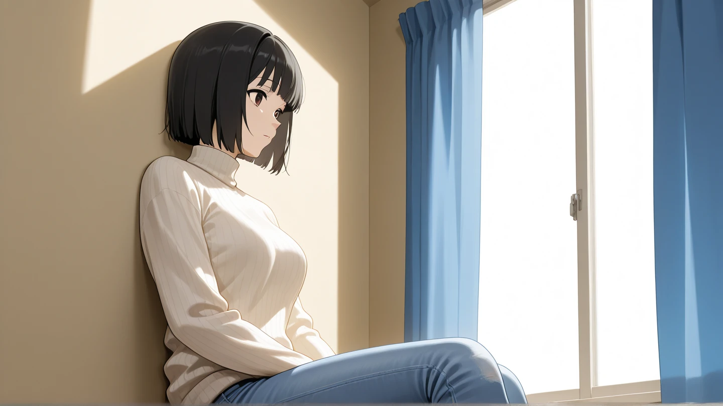 A cute young japanese woman with black bob hair and brown eyes, sitting against the wall of a room, staring into the distance. She is wearing a white turtleneck sweater and jeans, with a vacant expression. Morning sunlight is streaming in through the window, illuminating the scene, and blue curtains frame the window. highly detailed, 