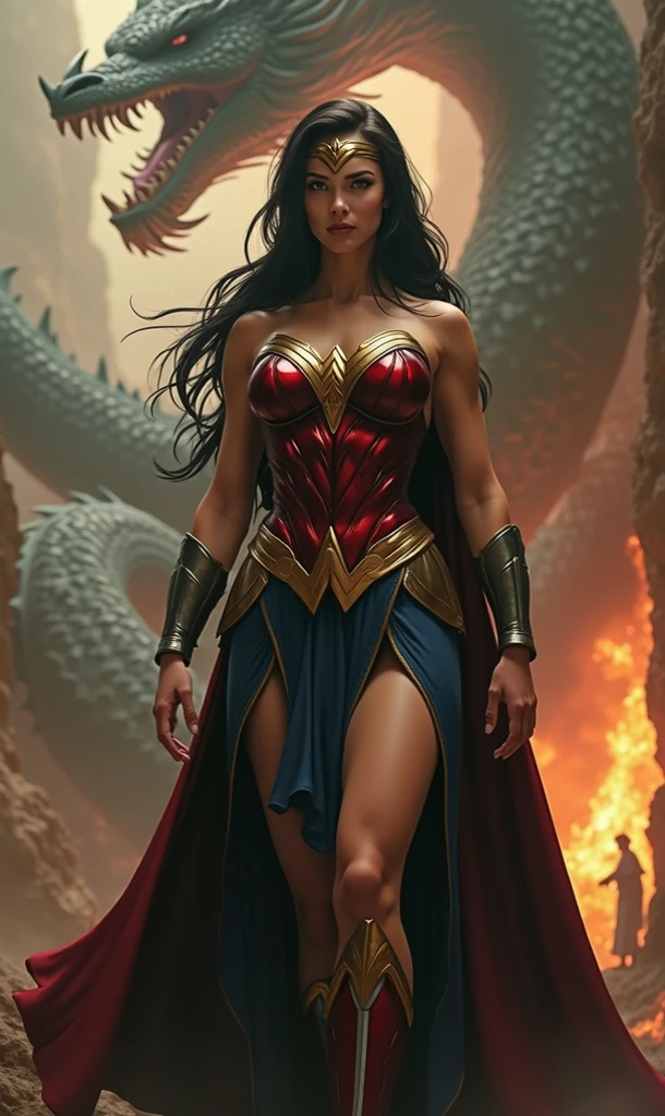 Wonder Woman defeats the dragon,Octopus tentacles,The dragon head bites Wonder Woman's leg,Wonder Woman holding a sword,dragon eyes,a girl, Gal Gadot plays Wonder Woman, y body, nipeola,Caes are utiful face,A charming smile,Lively expressions,,seduce。huge breasts, Huge ass, plumpsexy bra, sexyong, Background hor、Magic h quality paintings