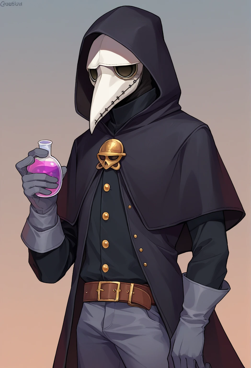 score_9, score_8_up, score_7_up, source_anime, solo, 1boy, plague doctor, mask, standing, hood up, black coat, dark capelet, gray gloves, pants, belt with small-poison potion