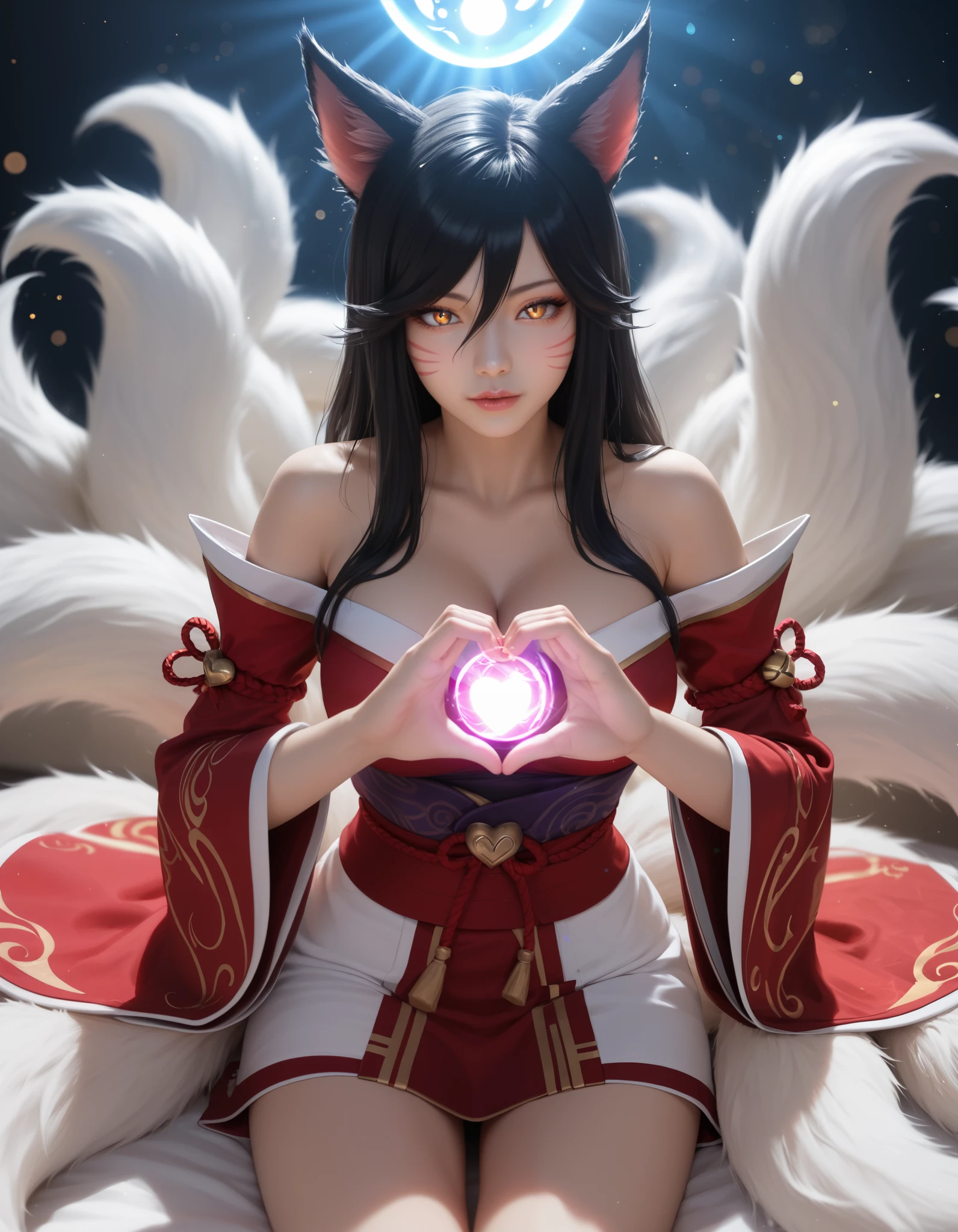 ahri \(league of legends\),eye reflection,kiss,bare shoulders,cleavage,large breasts,
heart_hands,cosplay,
seductive eyes,bedroom eyes,
1girl,solo,lying,outstretched hand,
animal ears,fox girl,fox tail,kitsune,kyuubi,
bare shoulders,off shoulder,
black hair,hair between eyes,
long sleeves,detached sleeves,
narrow waist,bare legs,
multiple tails,looking at viewer,
magic,magic particles,magic aura,magic ball,
bokeh,
realistic,absurdres,highres,
score_9,photography,dark shadows,High contrast,80mm lens,F2.8,ray tracing,