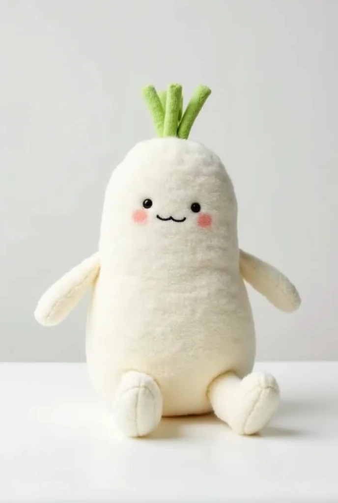 Jellycat style plush toy of daikon\(white raddish\), white background, soft and fluffy textures with a smiling face on the daikon, beautiful green leaf made by velvet at top,cute slim white foot at daikon, sitting, product photography. Lamb fleece texture. slim legs hang down at the table.velvet texture，hairy ,text "azhou"