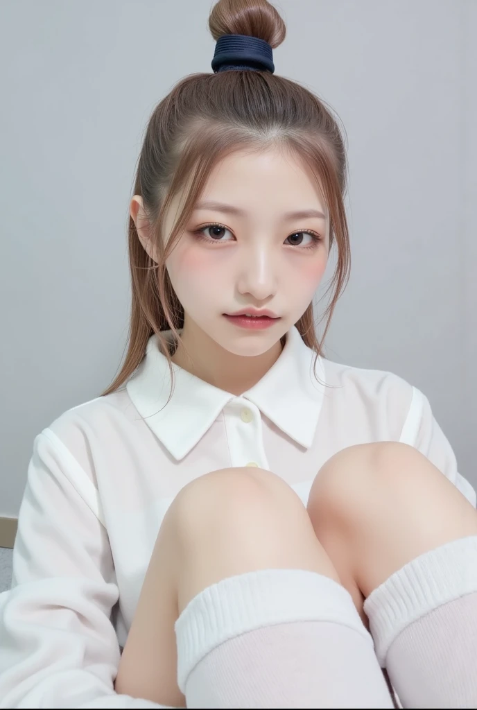 8k raw photo,High resolution,very big breasts,very tight chest,chest circumference,bossy pose,displeased look,Nice bright blonde hair,uniform,ribbon,shirt,skirt,school classroom,sitting on the desk,beautiful thighs,21 year old beautiful girl,With a round face,baby face,very small lips,Beautiful face in every detail,long eyelashes,beautiful double eyelids, three white eyes,duck mouth,Brantbang,耳Nipple Ring,choker necklace,(expose cleavage),medium breasts, Erect nipples, ahegao.