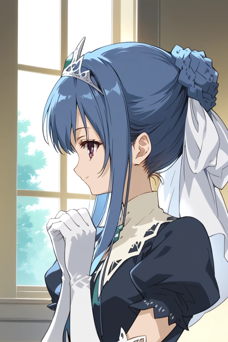 score_9, score_8_up, score_7_up, score_6_up,
 tamao, miator, 1girl, solo, blue hair, profile, upper body, sidelocks, braid, window, hair bun, ribbon, hair ribbon, princess dress, elbow gloves, tiara, smiling at viewer, source_anime, (masterpiece), best quality, expressive eyes, perfect face, good hands, best hands, detailed, high quality, high resolution. 8k