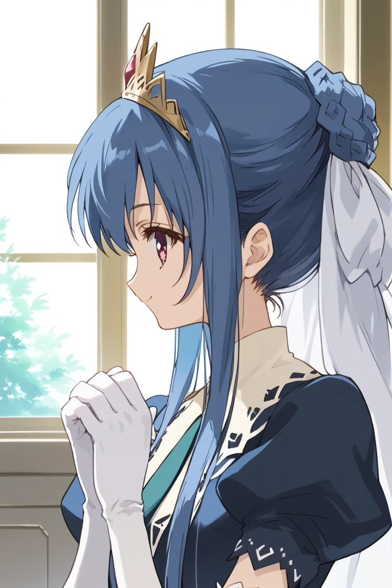 score_9, score_8_up, score_7_up, score_6_up,
 tamao, miator, 1girl, solo, blue hair, profile, upper body, sidelocks, braid, window, hair bun, ribbon, hair ribbon, princess dress, elbow gloves, tiara, smiling at viewer, source_anime, (masterpiece), best quality, expressive eyes, perfect face, good hands, best hands, detailed, high quality, high resolution. 8k