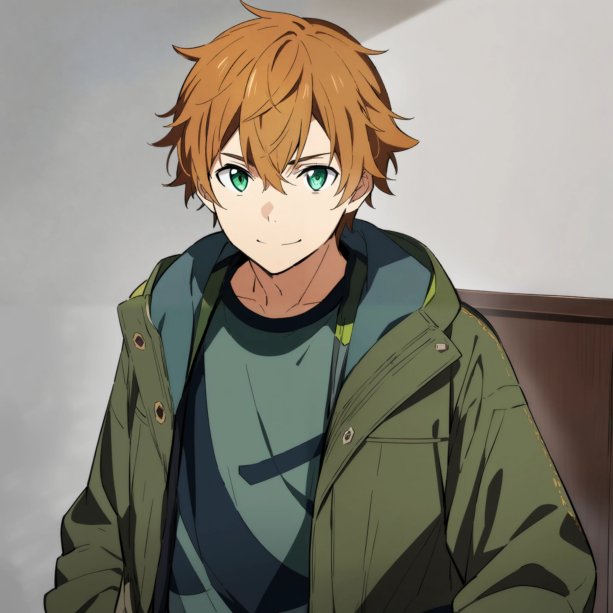 (high-quality, breathtaking),(expressive eyes, perfect face) 1boy, male, solo, adult age, Sword Art Online, Symmetrical Eyes, simple background, gentle smile, short hair, fluffy hair, modern outfit, SAO inspired, dark blue green tank top, jacket, cowboy shot, medium full shot, pants, black brown hair, modern living room background, reading a book, looking at viewer