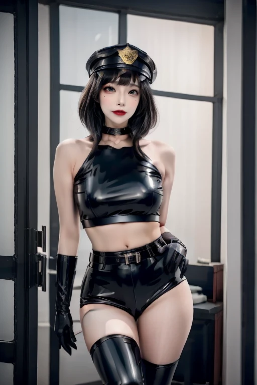 A beautiful Asian girl, long black hair, wearing a black latex croptop, black shorts, black elbow gloves, and black thigh-high boots, holding a police hat , intricate details, highly realistic, cinematic lighting, photorealistic, 8k, masterpiece,interrogation room background