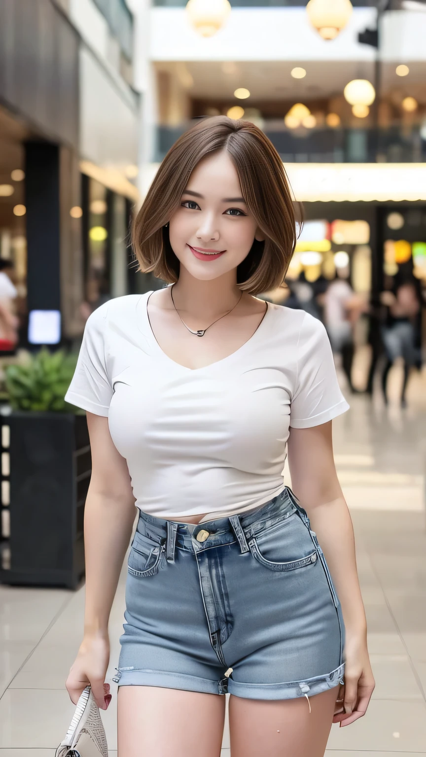 a beautiful woman, short hair, plump body, natural breasts, long legs, casual white tight shirt with o-neck short-sleeve and jeans short shorts, high heels, seductive look, sexy pose, smiling, front view, detailed face, realistic, photo realistic, shopping at large mall, indoor