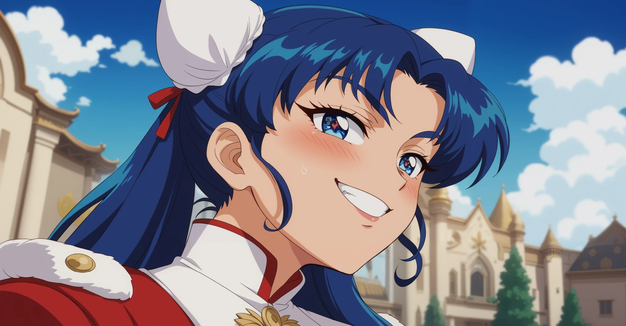 Young woman drawn in 80’s anime art style. 
Retro anime. Vintage Anime. Classical Anime. 
Black Blue HAIR
Cone Hair Bun Hair
She has perfectly Round and Circle eyes. 
Blue eyes and Medium Sized Eyebrows. 
She is Tan Woman.
She has Medium Breast
Small blush on cheek.
Evil Smile/ Smirk

She is wearing a japanese Touishou uniform.

The touishou was a winter ceremonial clothing worn by the Ryukyuan kings. The touishou was slightly modified from the clothing gifted by the Ming dynasty, and included unique Ryukyuan features, such as fringes at the back of the garment, while maintaining the style of Ming dynasty court clothing.

(Cloudy) (Sky) (Raindrops) (Rainy Sky)

(View from the Palace)

