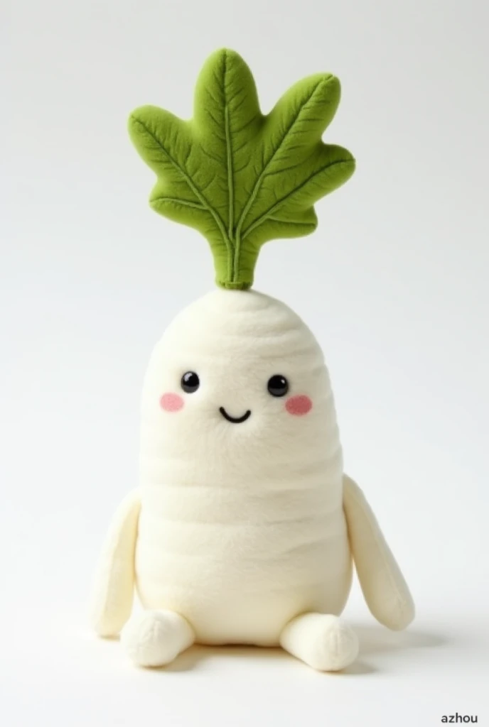 Jellycat style plush toy of daikon\(white raddish\), white background, soft and fluffy textures with a smiling face on the daikon, beautiful green leaf made by velvet at top,cute slim white foot at daikon, sitting, product photography. Lamb fleece texture. slim legs hang down at the table.velvet texture，hairy ,text "azhou"