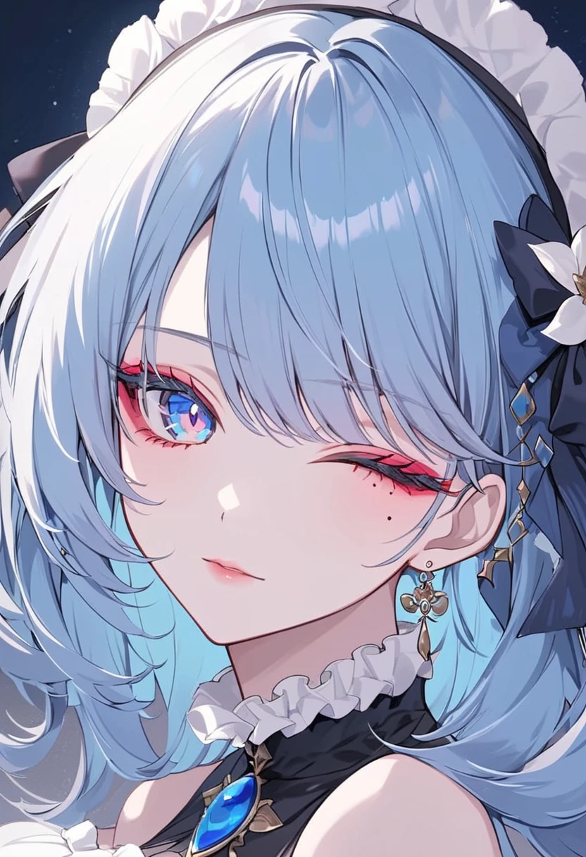 1 girl, beautiful anime girl, long hair, celeste hair, long eyelashes, ((heterothromic eyes, blue left eye, yellow right eye)), light skin, mole on cheek, red eyeliner, black dress with white fluff, ultra detailed, beautiful, big breasts.